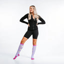 Purple medical compression socks for healthcare workers